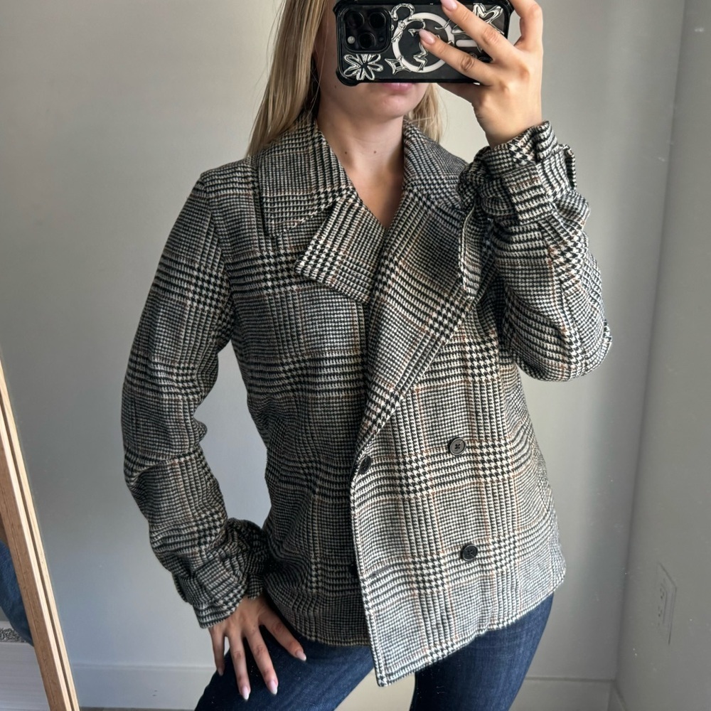 Second female Grey and black plaid cropped pea coat with a boho vibe